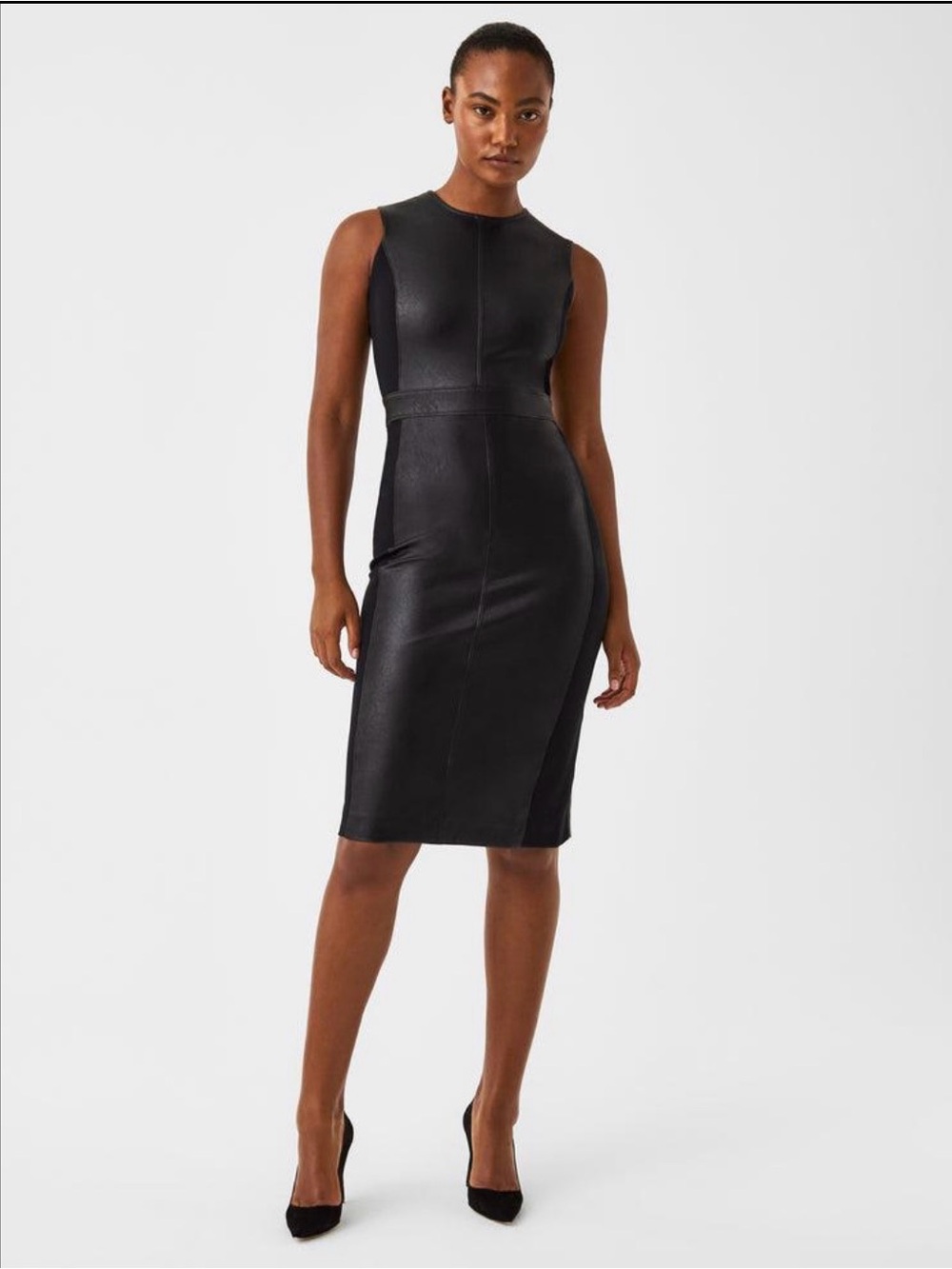 SPANX Black Sleeveless Faux-Leather Panel Mini Dress